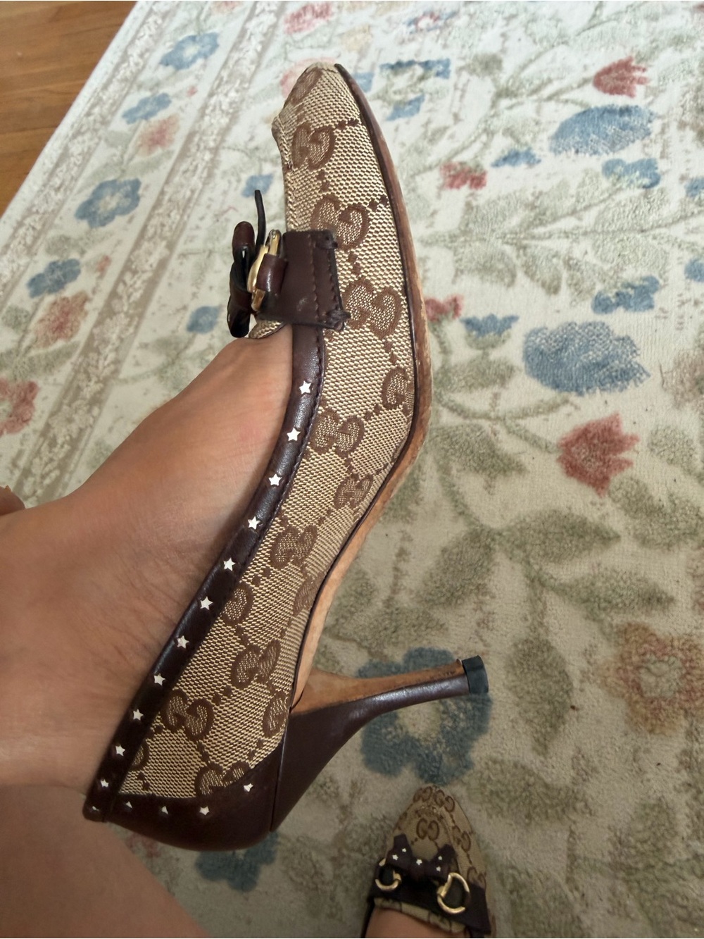 Gucci Brown GG Canvas Leather Trim Pointed Toe Flats with Gold Horsebit size 6 - Picture 5 of 8